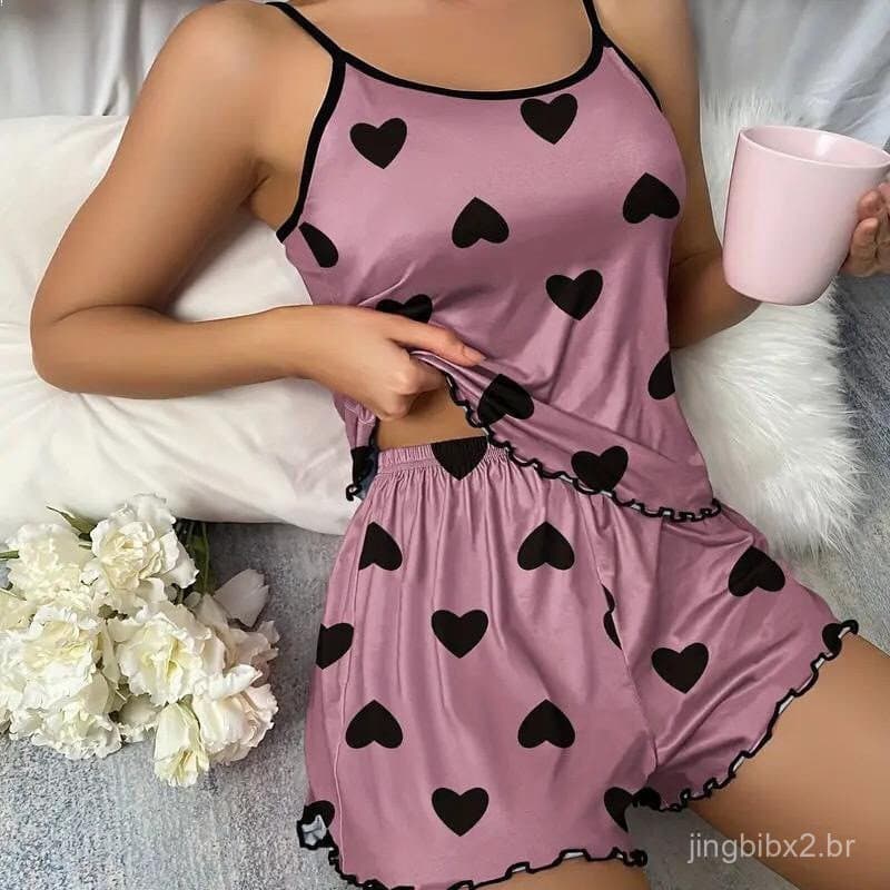 Conjunto de pijama feminino de duas peças, camisola casual e shorts para uso doméstico 7.21