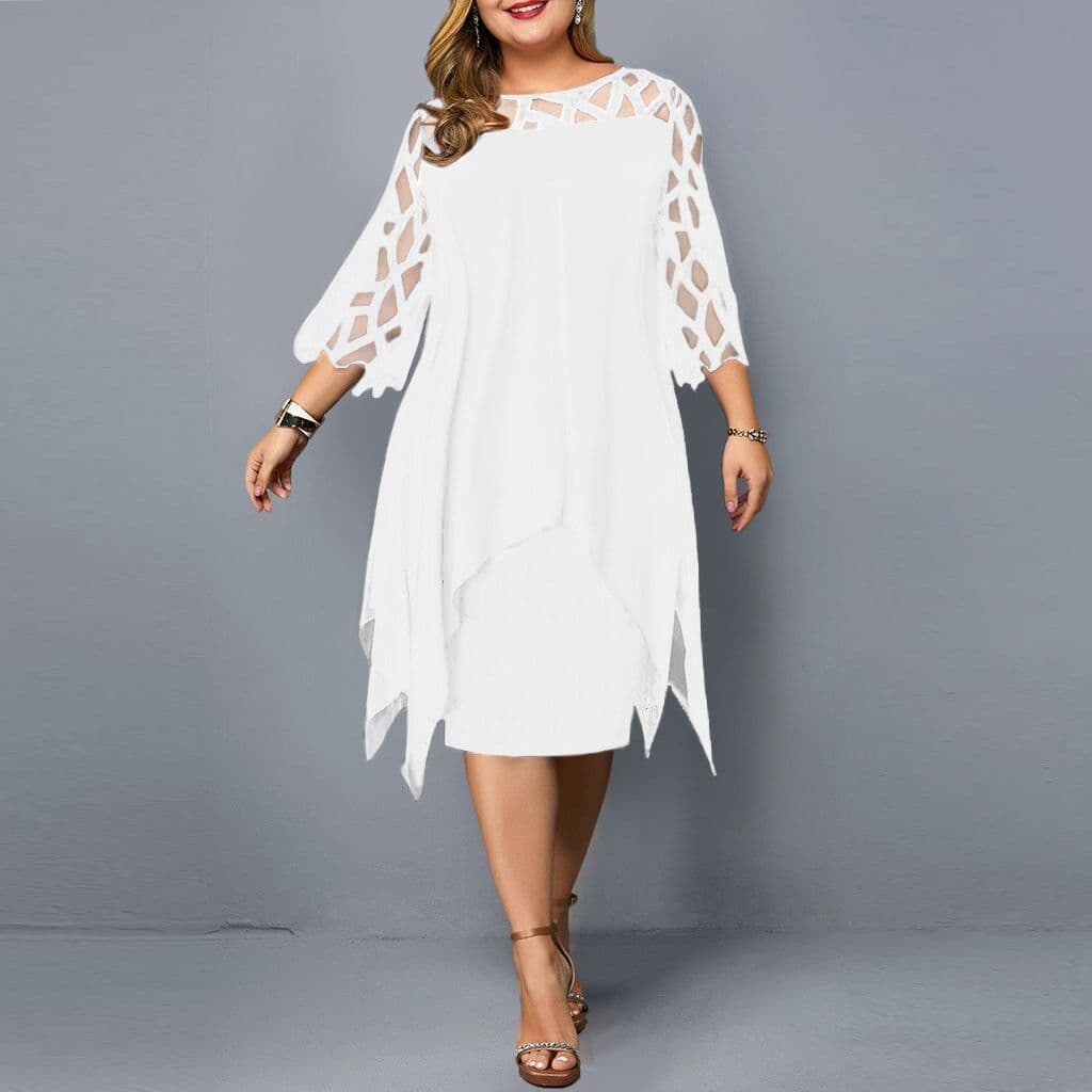 Vestido de Chiffon com bainha Irregular e manga três quartos com costura de renda, estoque pronto