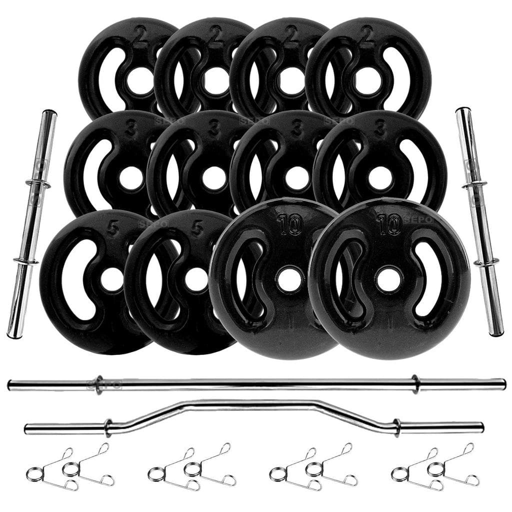 Kit 50Kg Anilhas Emborrachadas Pretas com Barras de 40cm e 1,60m + Barra W 1,20m