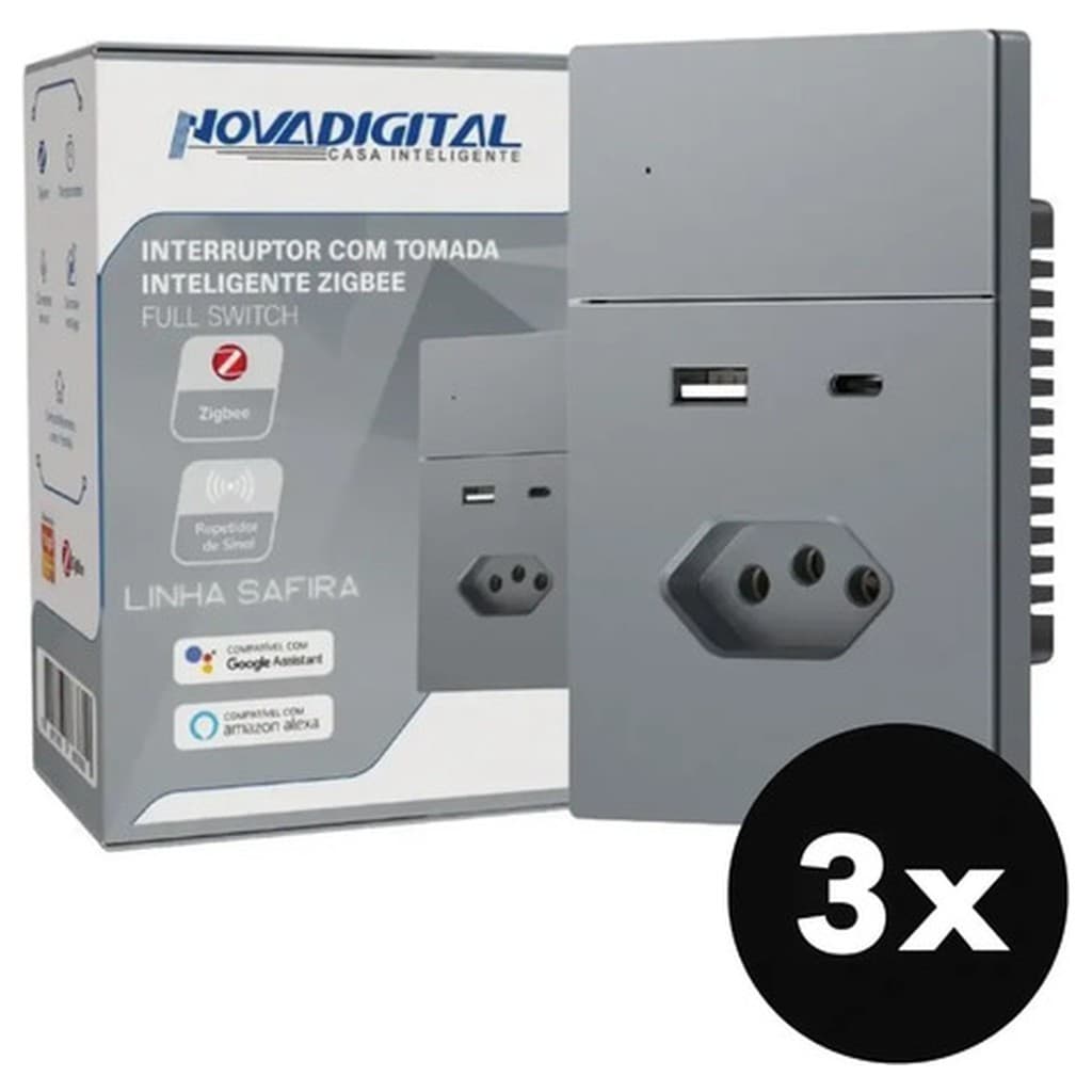 Kit 3 Interruptor Inteligente NovaDigital Safira Tomada USB Tipo C Vidro Temperado Automação Residencial 10 20A