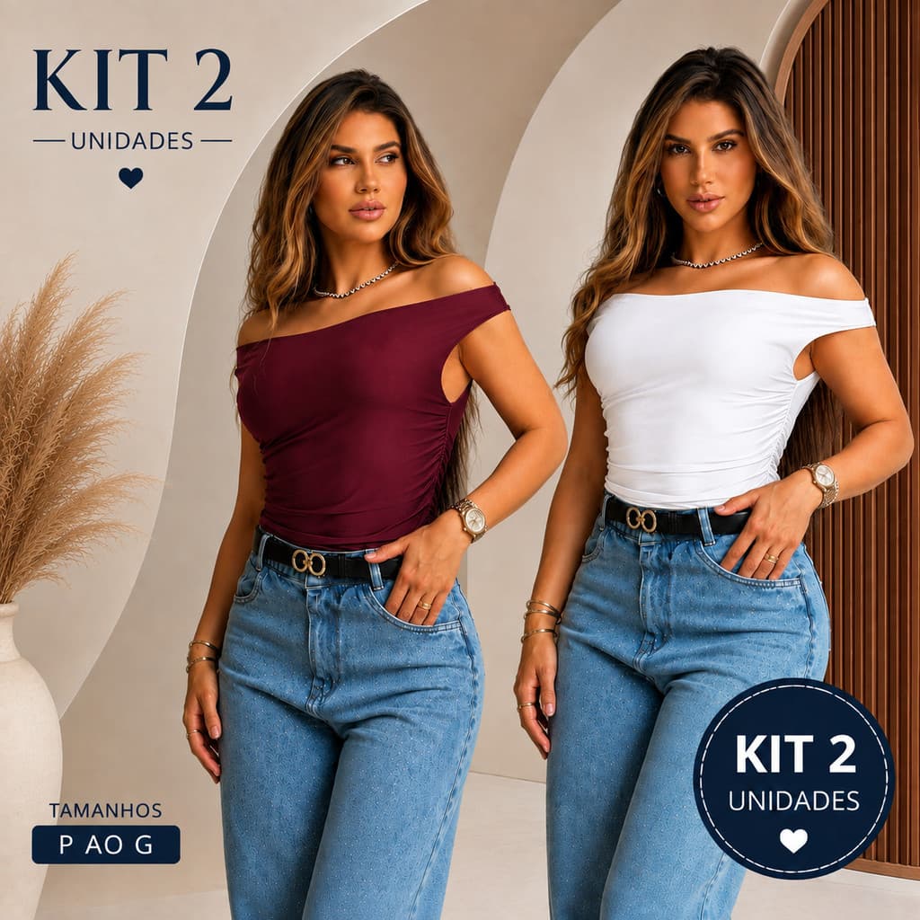 Kit 2 Blusas Femininas Ombro a Ombro Ciganinha Princesa Suplex Premium Manga Curta Casual Elegante