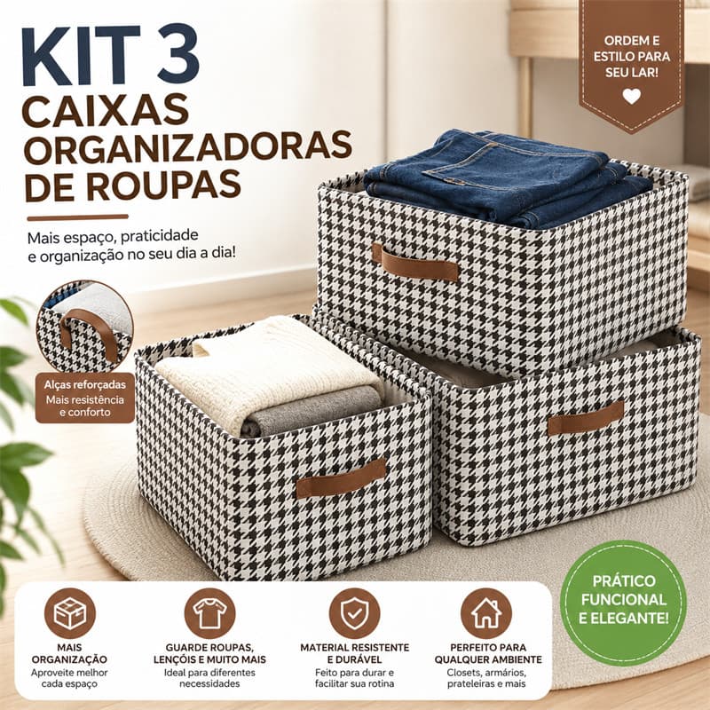 Kit com 3 Caixas Organizadoras de Roupas Dobráveis, Com Alças, Armazenamento de Guarda-Roupa