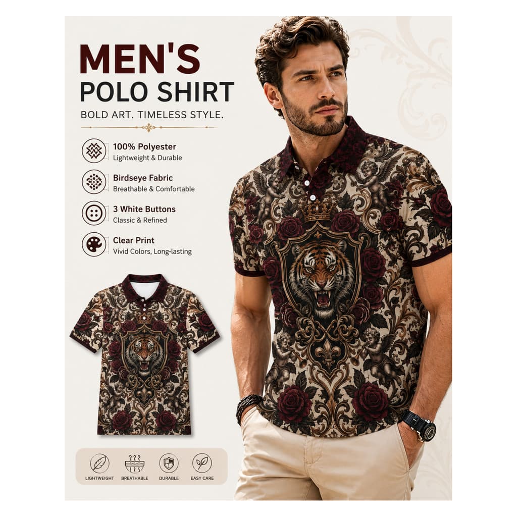 Camisas polo masculinas impressas em 3D, camisas polo estampadas estilo barroco retrô Tiger Rose, blusas funcionais de m
