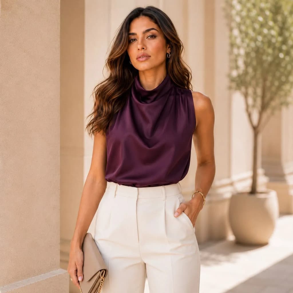 Blusa Frente Única Feminina Acetinada Gola Alta Elegante