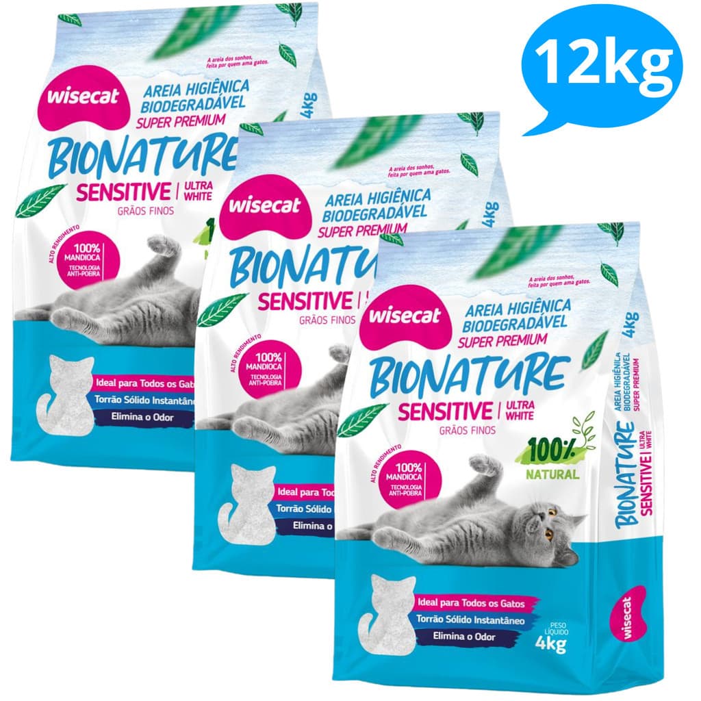 Kit 3 Areia Sanitária De Mandioca Grãos Finos Para Gatos Biodegradável Wisecat 12kg