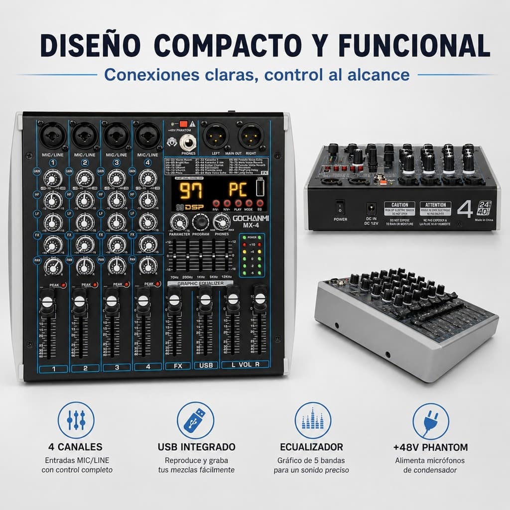 Mesa de Som MX4 Bivolt 110/220V - 4 Canais, 99 Efeitos DSP, Interface USB, Bluetooth, 48V