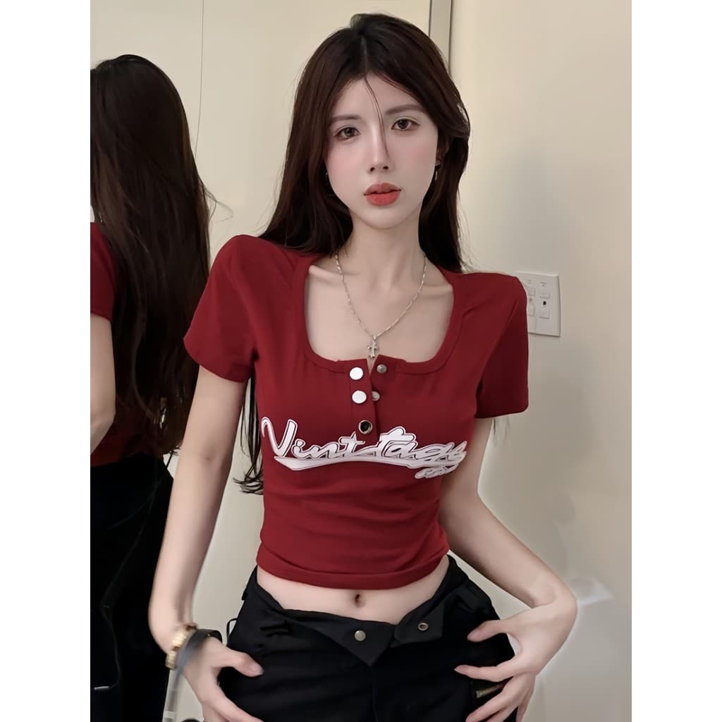 Americano Retro baixo-pescoço genuíno ombro de manga curta camiseta feminina verão novo estilo puro desejo quente menina