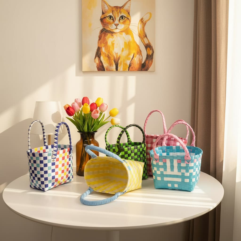 Guliang Jiji estilo amarelo laranja branco xadrez tecido saco contraste cor portátil cesta de vegetais Mini sacola decor