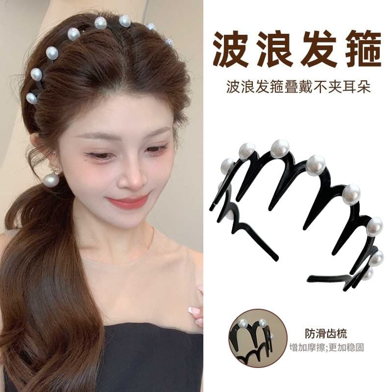 2025 novo estilo onda grande bonito argola de cabelo temperamento pérola alta bandana com dentes Anti-deslizamento rosto