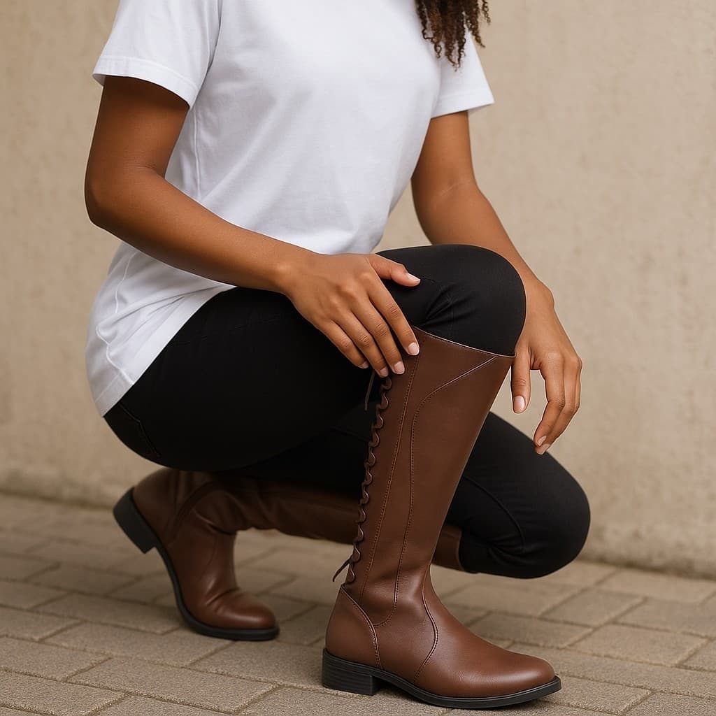 Bota Feminina Montaria Cano Alto em Sintético com Amarração Ajustável