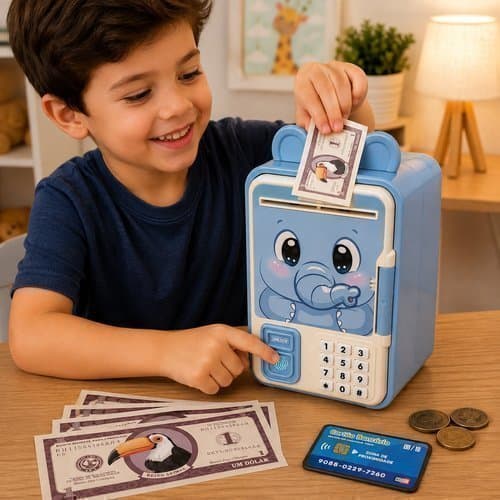 Cofrinho Digital Infantil Elefante Senha Digital Impressão Digital Seguro Educativo Cofre Tecnológico