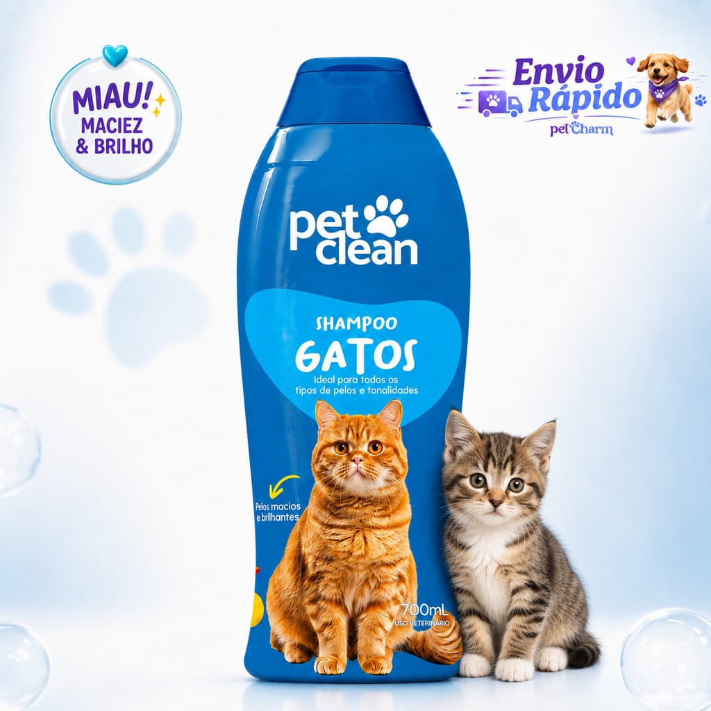 Shampoo Pet Clean Gatos 700ml Higiene Limpeza Profunda Maciez Brilho