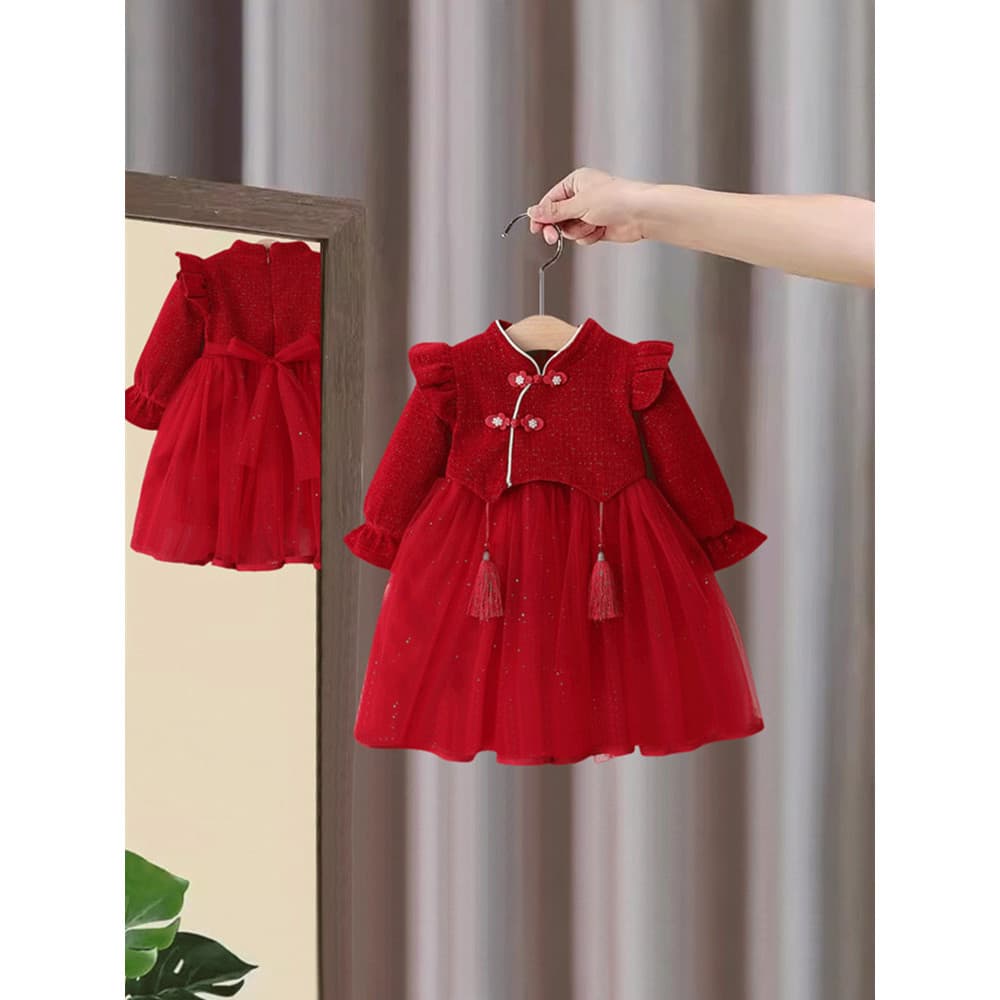 Meninas vestido de manga longa outono inverno novo estilo estilo chinês ano novo vermelho crianças vestido menina aniver
