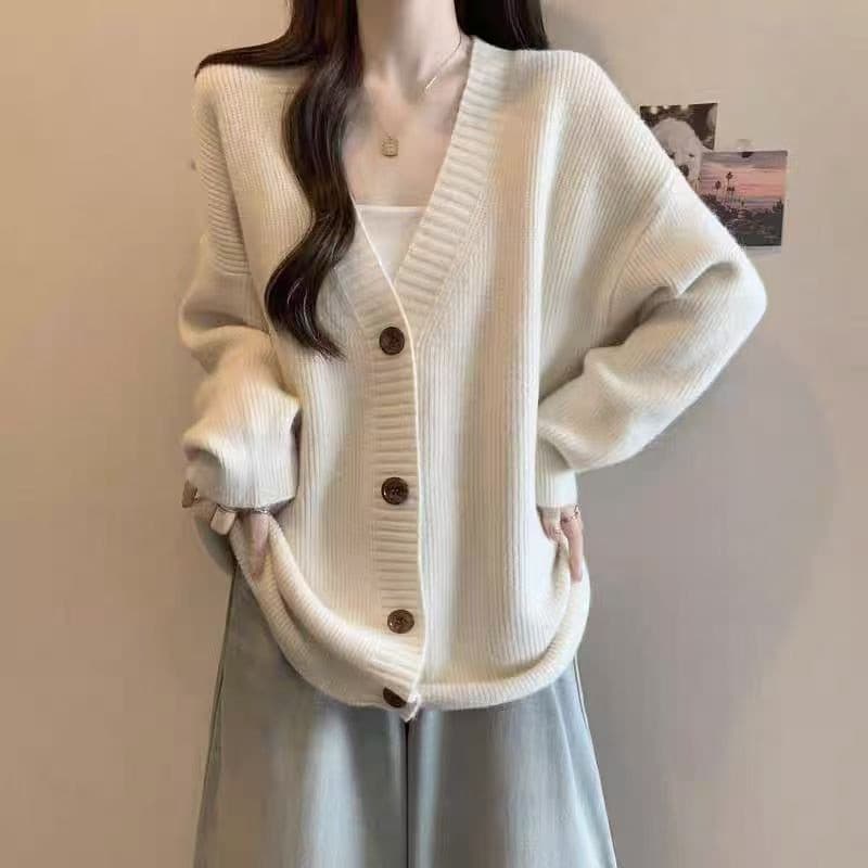 Coreano Retro cor sólida camisola cardigan feminino outono estilo preguiçoso solto mais magro olhar moda cardigan exteri