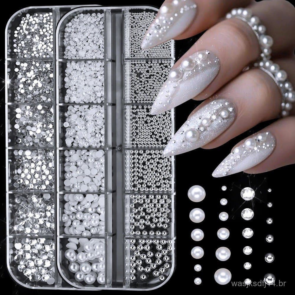 12 Grades/Caixa 3D Redondo Pérola Branco Prego Plana Strass Tamanho Misto Caviar Contas Adesivos De Unhas Decoração Diy
