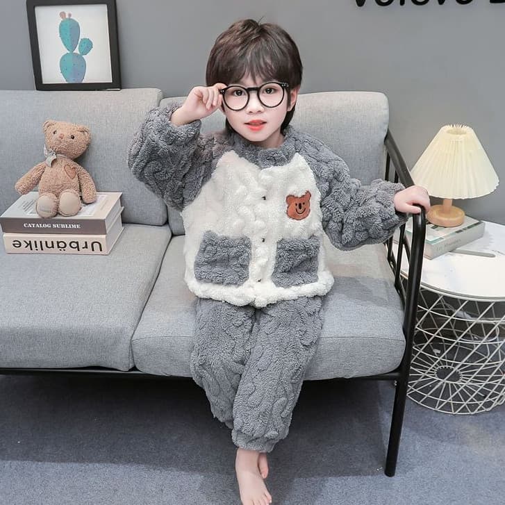 Conjunto de Pijama de Flanela para Bebê Menino Inverno 2026, Bordado de Desenho Animado, Mangas Longas + Calças, 2 Peças