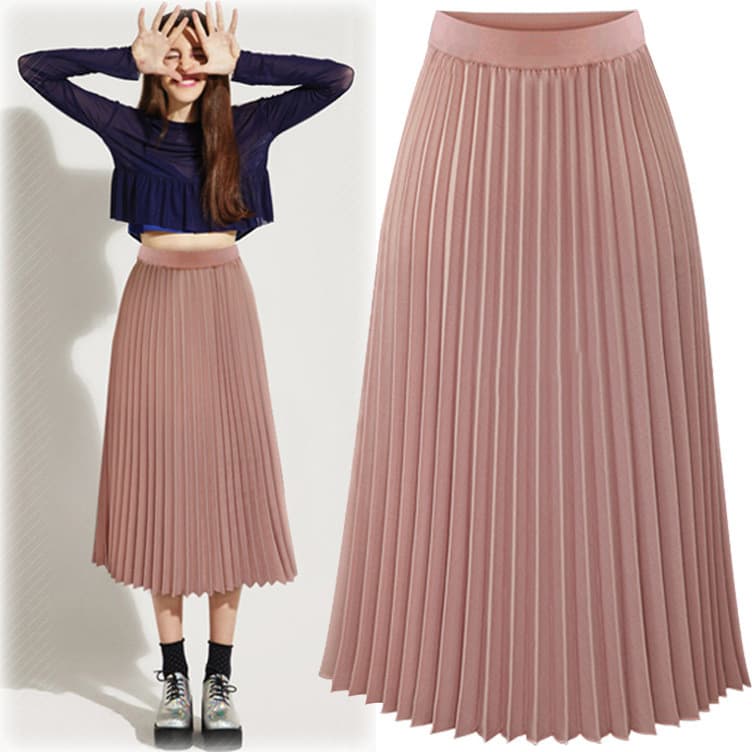 Primavera verão feminino novo estilo saia de cintura alta saia plissada meio comprimento saia feminina