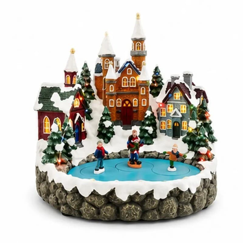 Vila de Inverno Encantada com Bonecos de Patinação Magnética, Luzes e Música OIH-9362