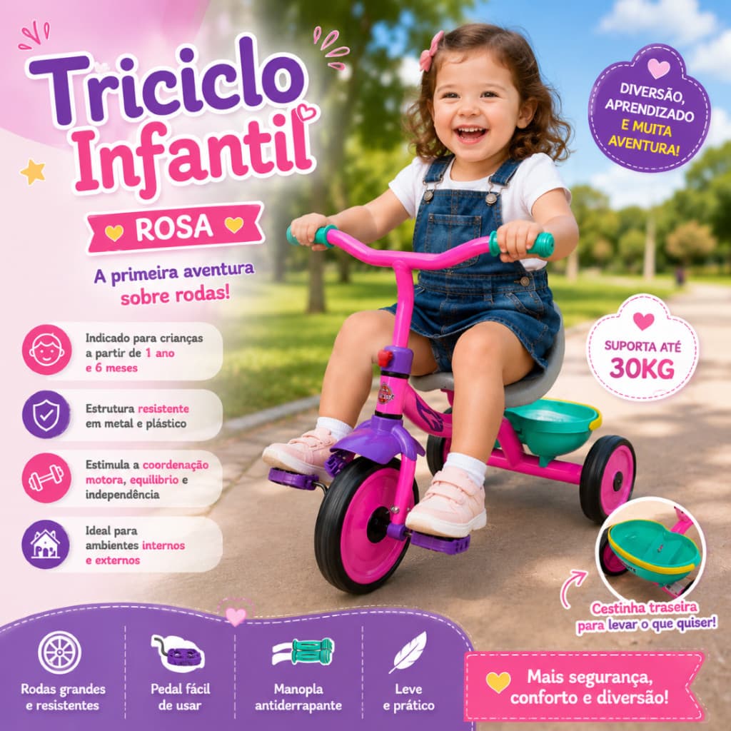 Triciclo Infantil com Pedal Rosa Criança Até 30kg Primeiro Triciclo Bebê Metal Plástico