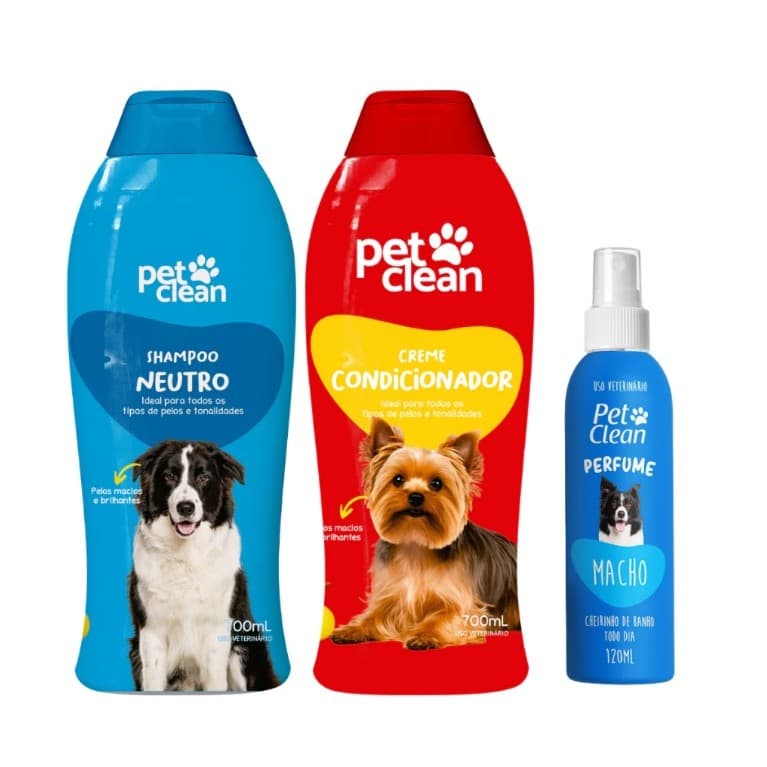 Pet Clean Kit Shampoo Neutro Condicionador Perfume Higiene Completa Cães e Gatos