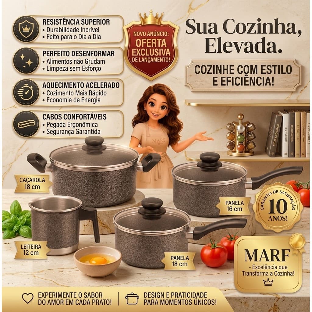 Jogo de Panelas MARF 4 Peças Reforçado com Tampa de Vidro Panela Caçarola Frigideira Conjunto de Cozinha