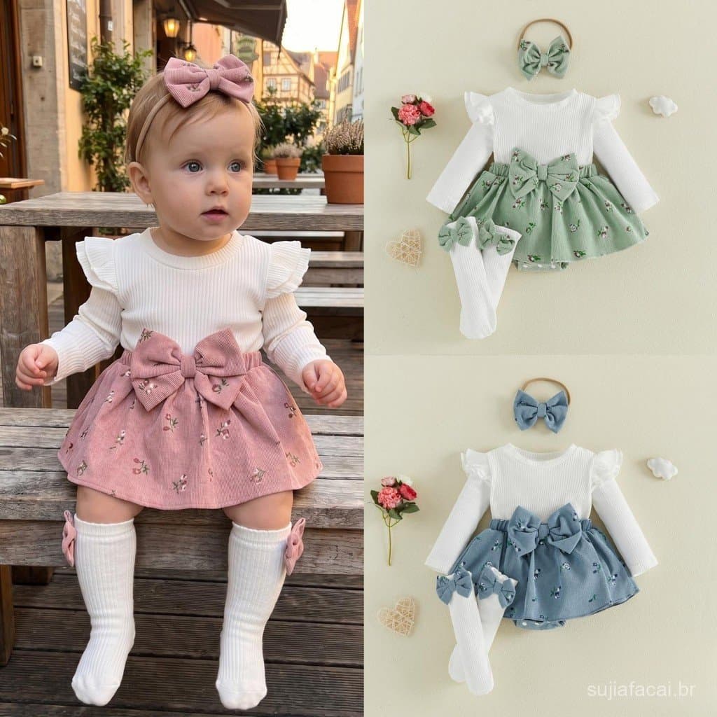Macacão Vestido Canelado Manga Longa Floral com Laço para Bebê Menina com Faixa de Cabeça e Meias Roupa de Outono