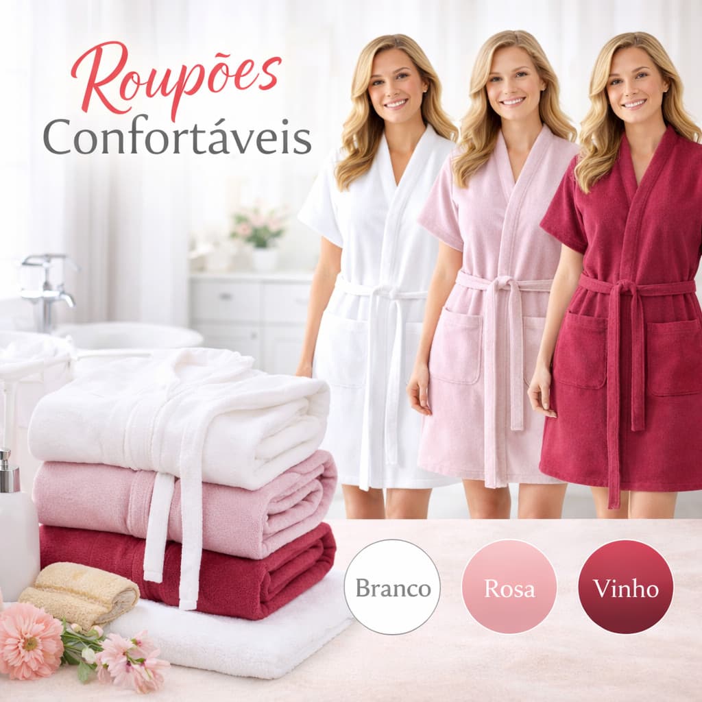 Roupão de Banho Feminino Dohler Fiore 100% Algodão 280g/m2, Toque Aveludado e Macio, Absorção Premium