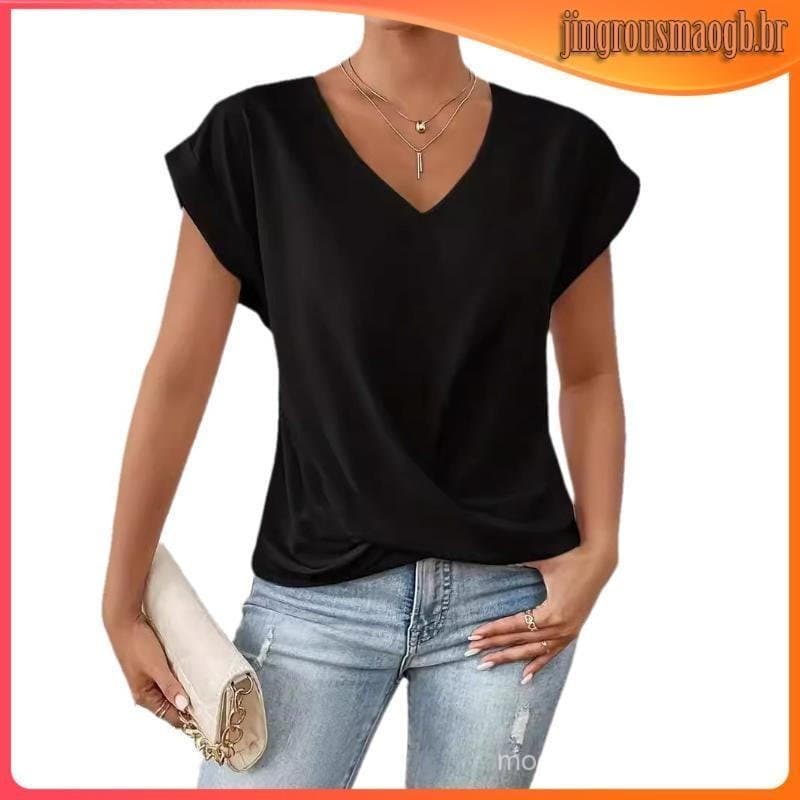 [deryu] Camisa Feminina de Verão de Manga Curta com Decote em V, Cor Sólida, Casual, Respirável, Versátil, Blusa Fashion