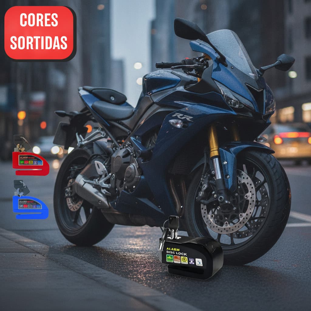 Trava de Segurança Alarme 110dB para Disco de Freio Moto Universal Antifurto Cores Sortidas