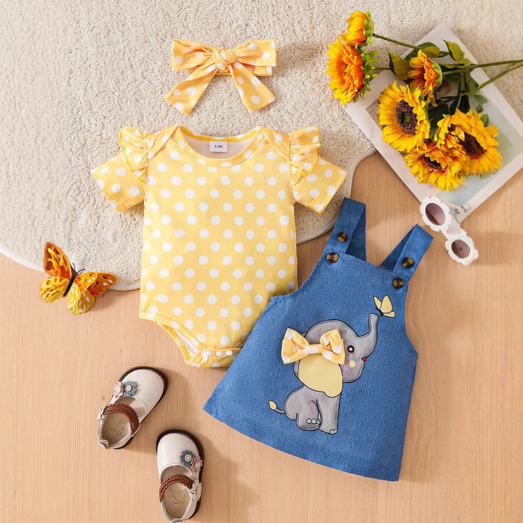 Macacão de bolinhas para bebês meninas, macacão jeans para meninas, Culottes, terno de três peças