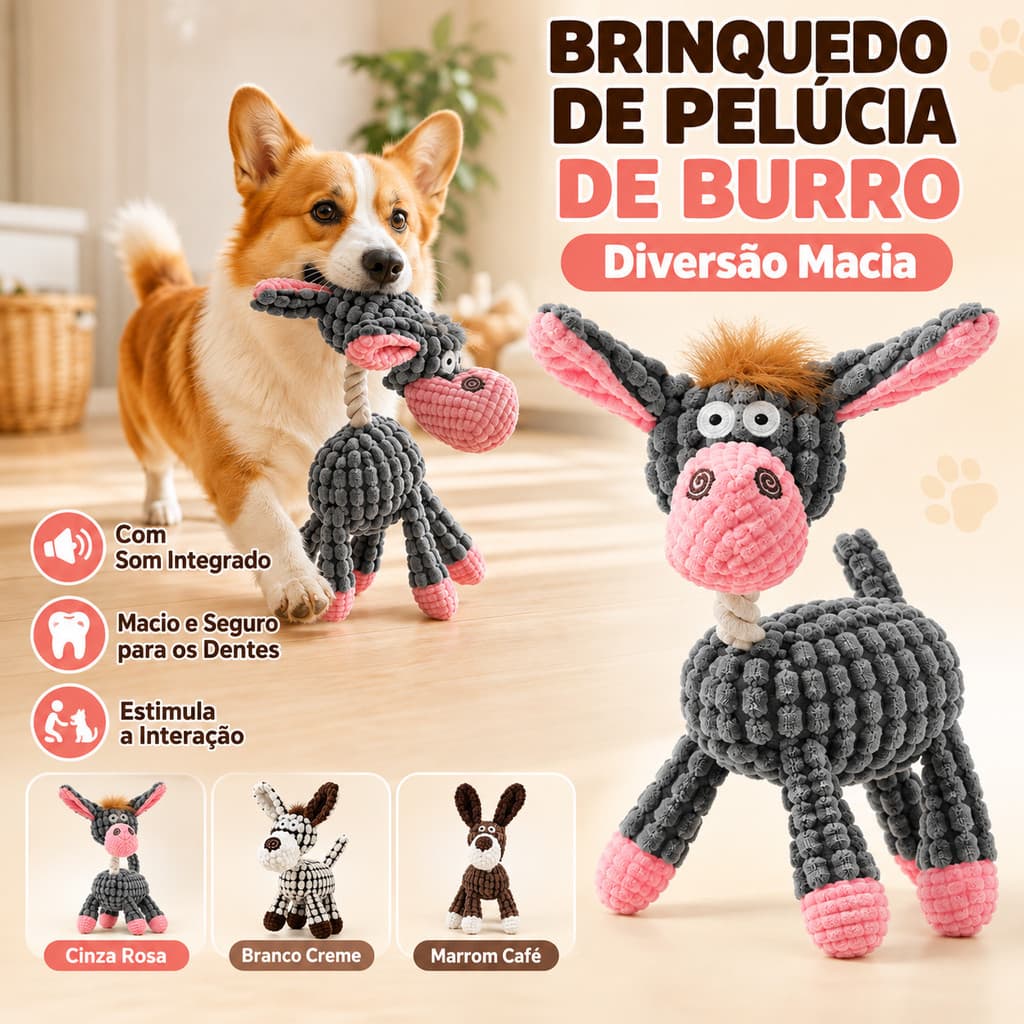 Brinquedo de Corda Burrinho Bichinho de Pelúcia para Cachorro Cães Pet Mordedor com Apito Som