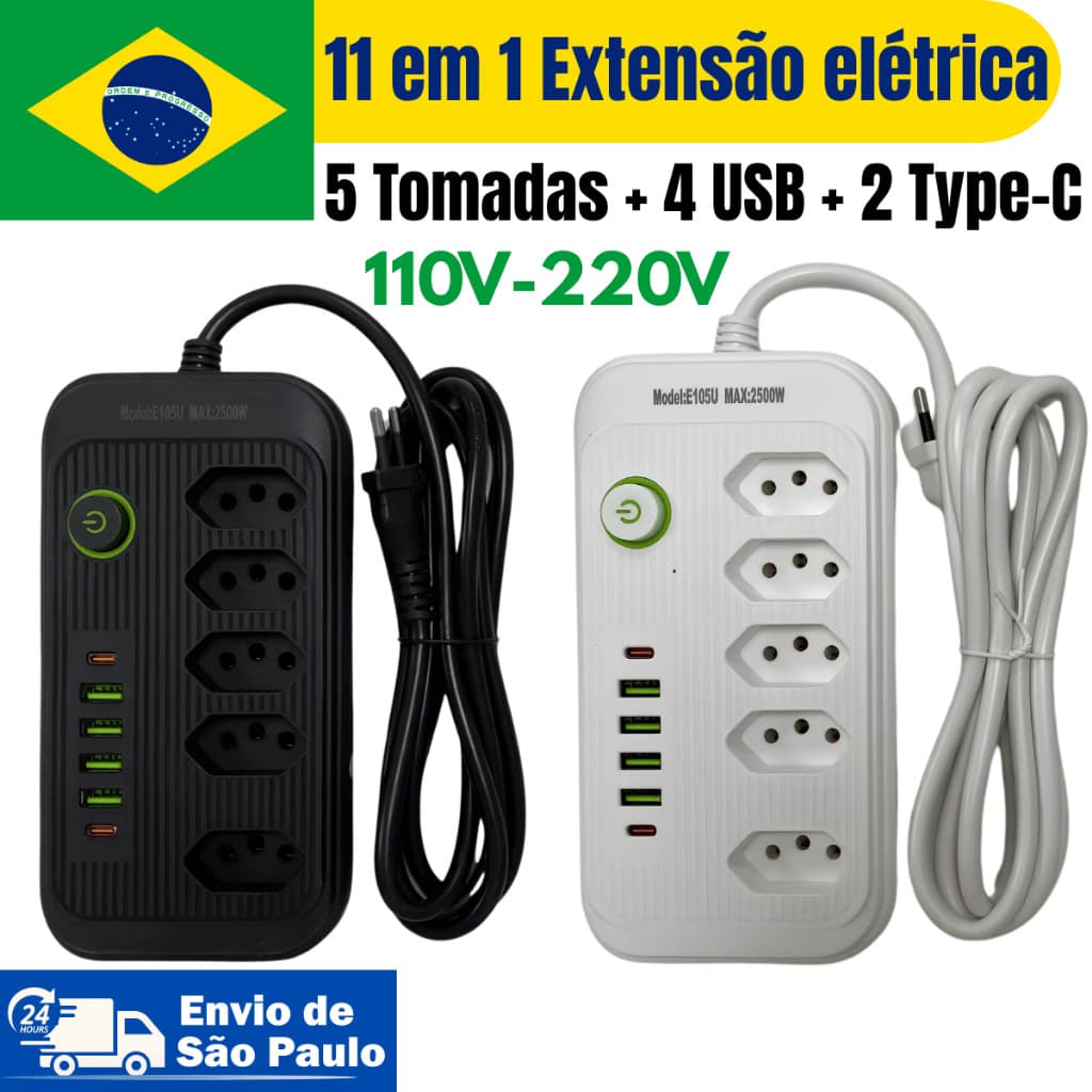 Extensão Elétrica 2500W 5 Tomadas 4 USB 2 Type C Cabo 2m Grosso Anti Chamas 750°C Bivolt