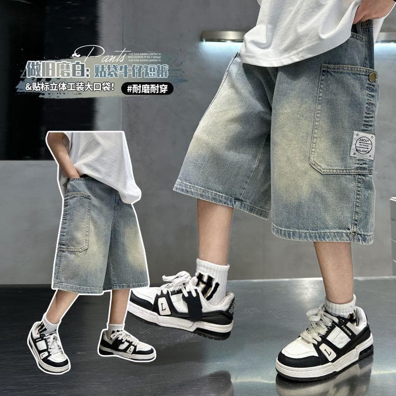 Meninos Shorts Denim médio grande crianças soltas calças médias estilo fino crianças Retro macacão calças de cinco ponto