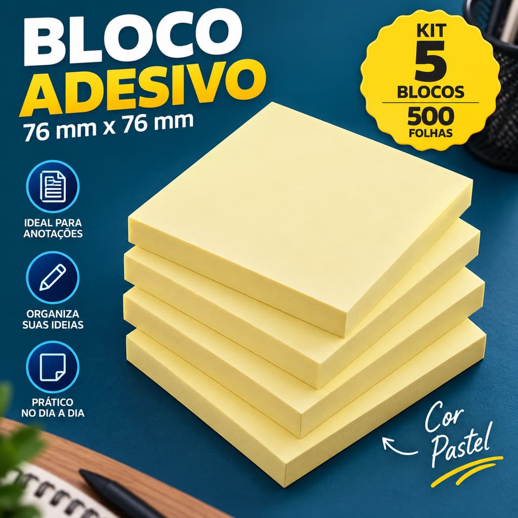 Kit 5 Bloco de anotações Adesivo Jocar tipo Post it 76x76mm 500 Folhas