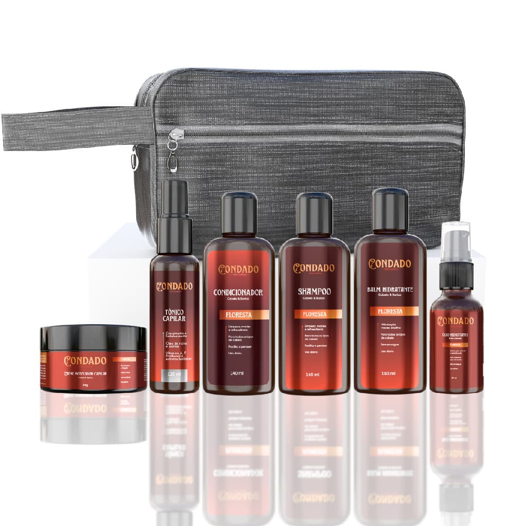 Kit Barba Amadeirado Shampoo Condicionador Balm Creme Óleo Tônico Necessaire Cinza Masculino