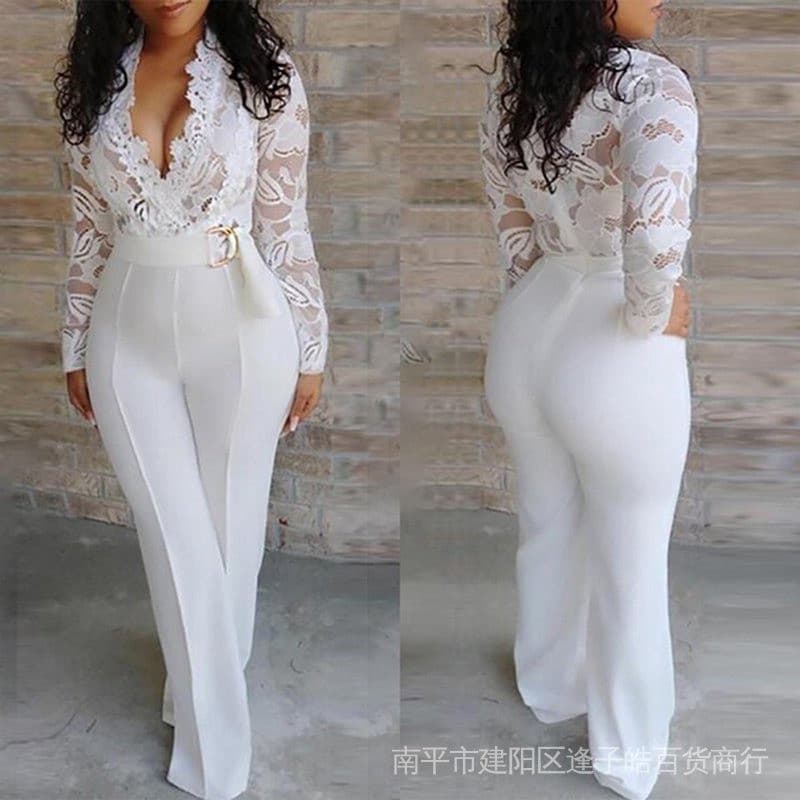 Macacão Longo de Renda Feminino com Decote em V e Mangas Longas Em estoque 3582