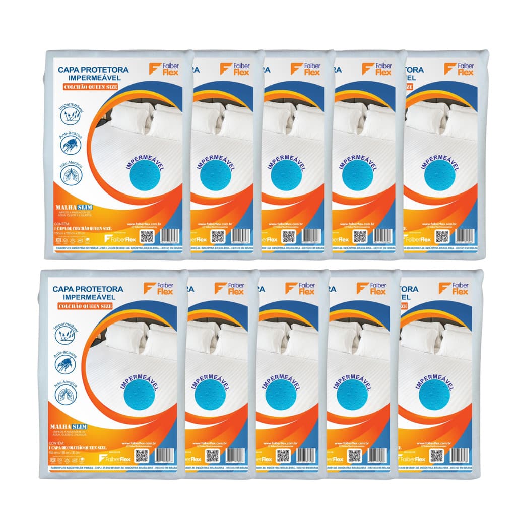 Kit 10 Protetores Queen Impermeável Antiácaro Faiber Flex