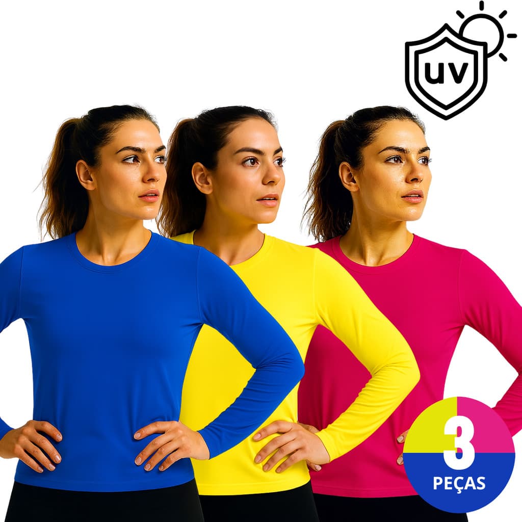 Kit 03 Camisetas Térmicas Proteção UV Feminina Blusa Segunda Pele Compressão Treino Corrida