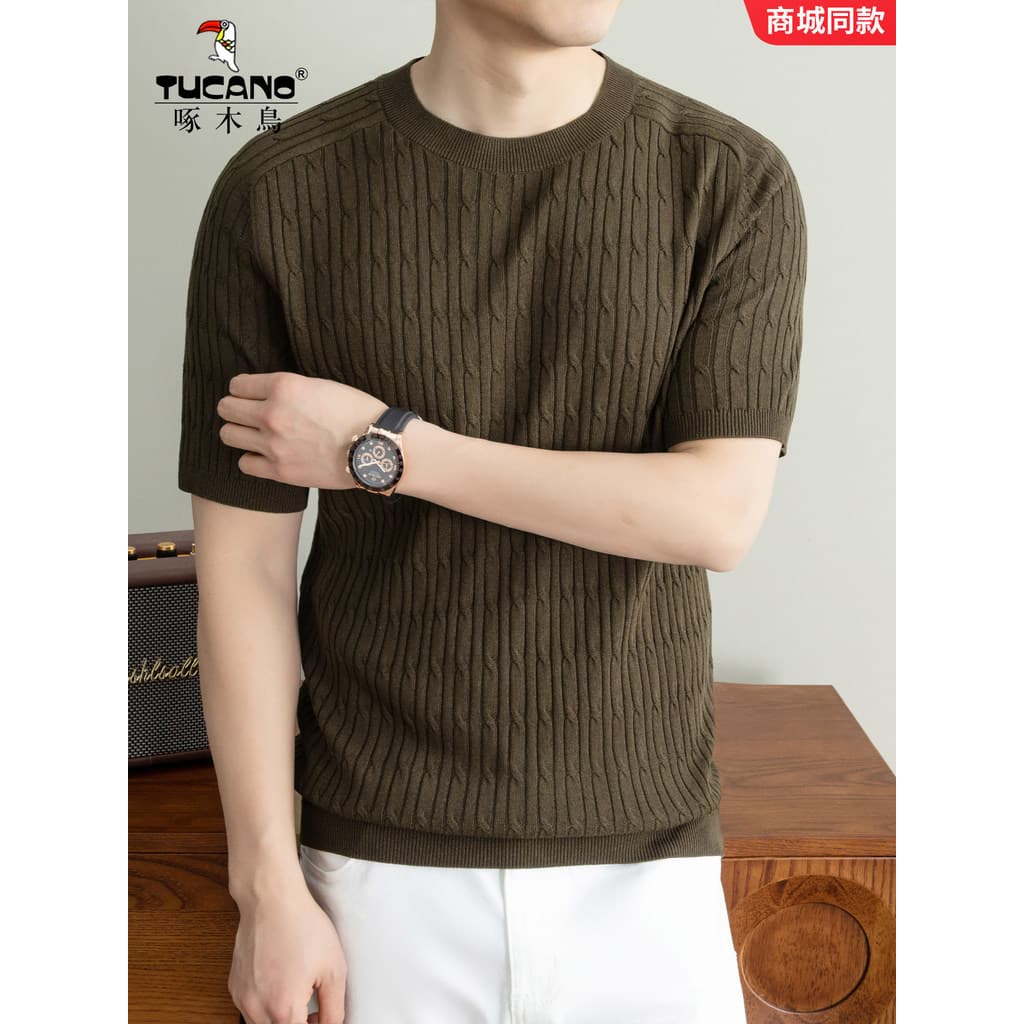 Woodpecker em torno do pescoço de malha de manga curta camiseta verão novo estilo masculino Casual topo de meia-idade