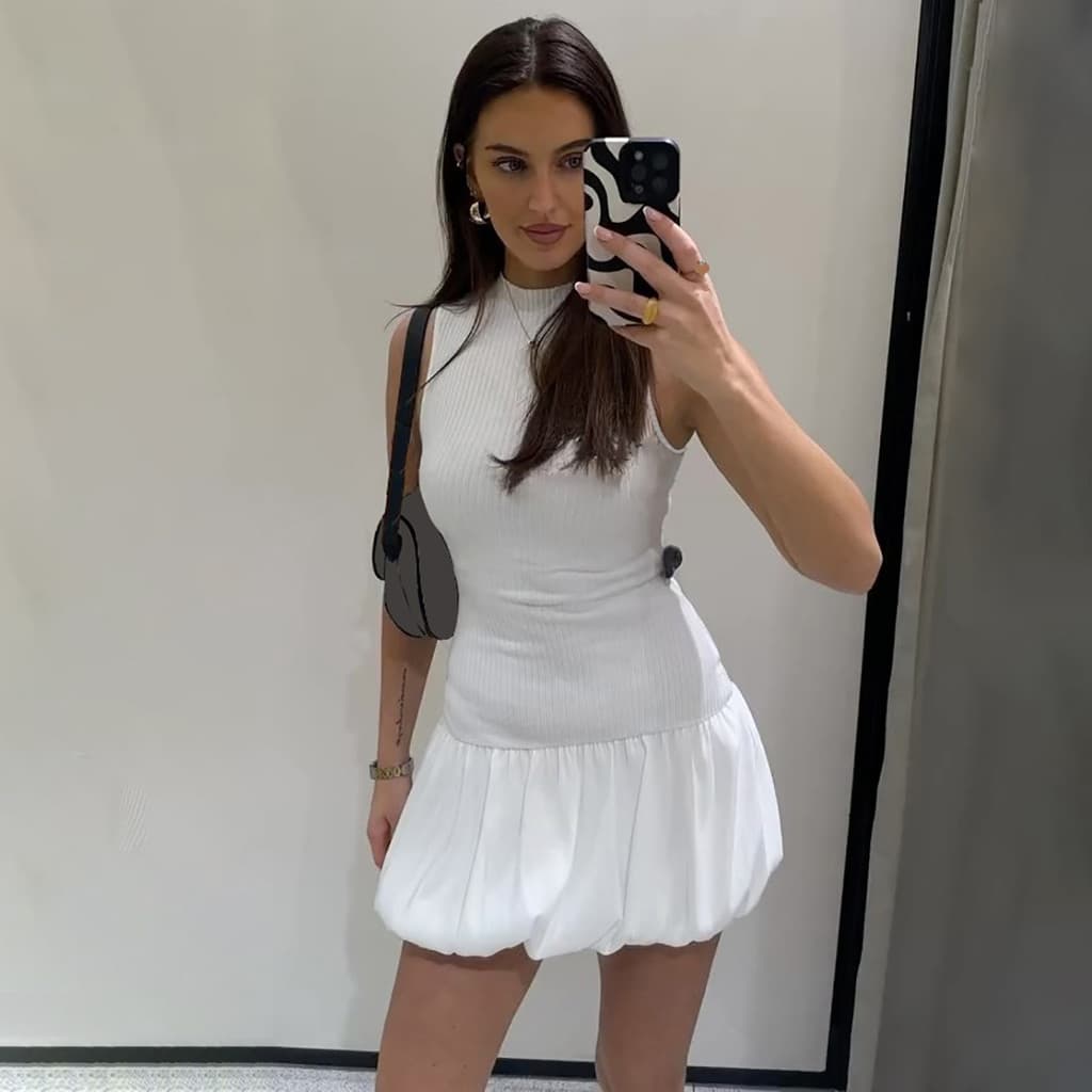 Rua quente menina verão novo estilo costura Design Bud saia moda Casual magro sem mangas Halter vestido rosqueado