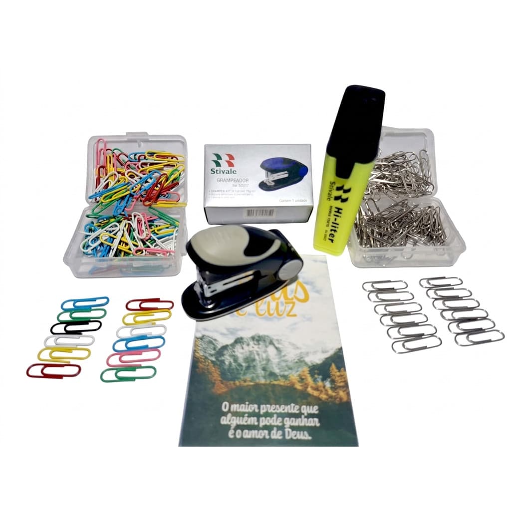 Kit Grampeador Cinza ; 1 Cx Clips Color; 1 Cx Clips Color Prata ; Marca Texto Amarelo ; Bloco Notas
