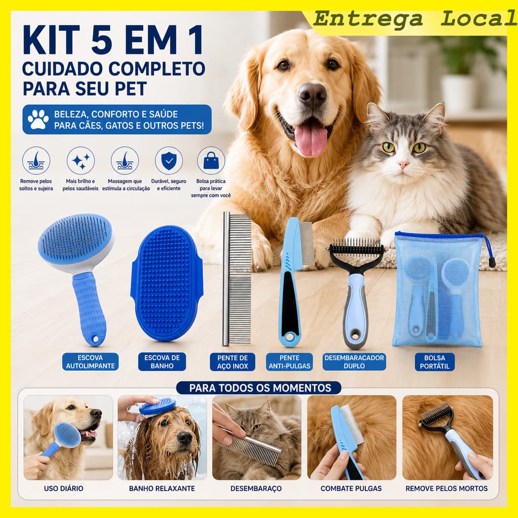Kit Beleza Pet 5 Peças Escova Autolimpante, Pente Antipulgas e Massageador para Cães e Gatos