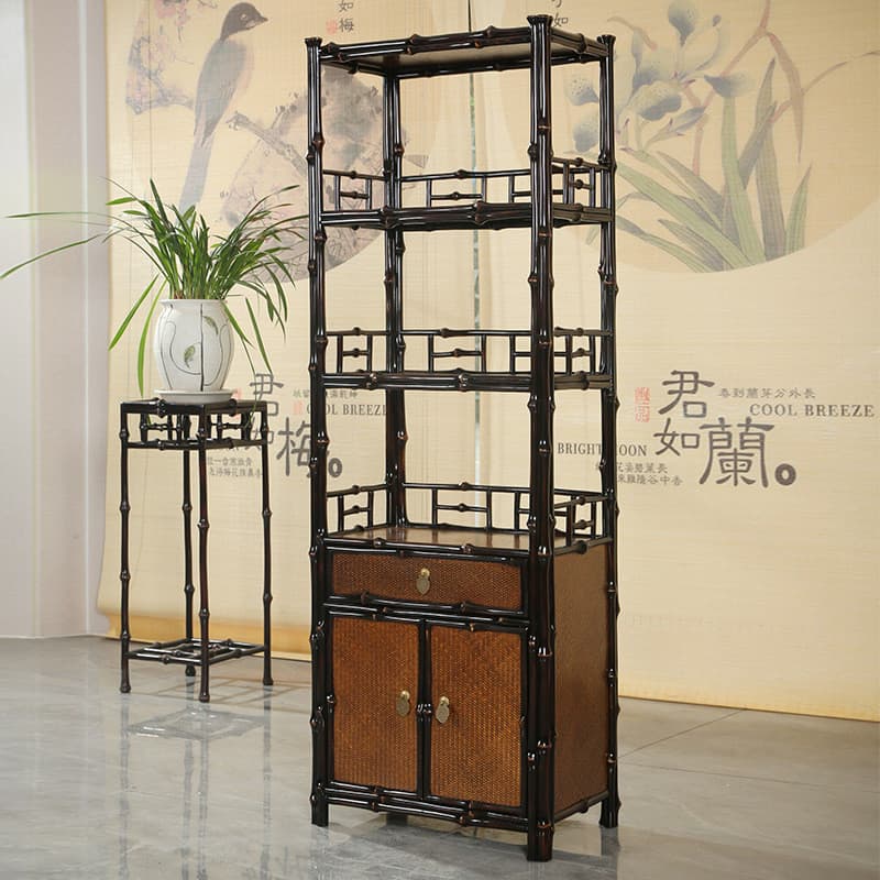 Móveis retrô chineses de bambu, estante de tecido de bambu com armário Bogu, estante de bambu, conjunto de chá, rack de