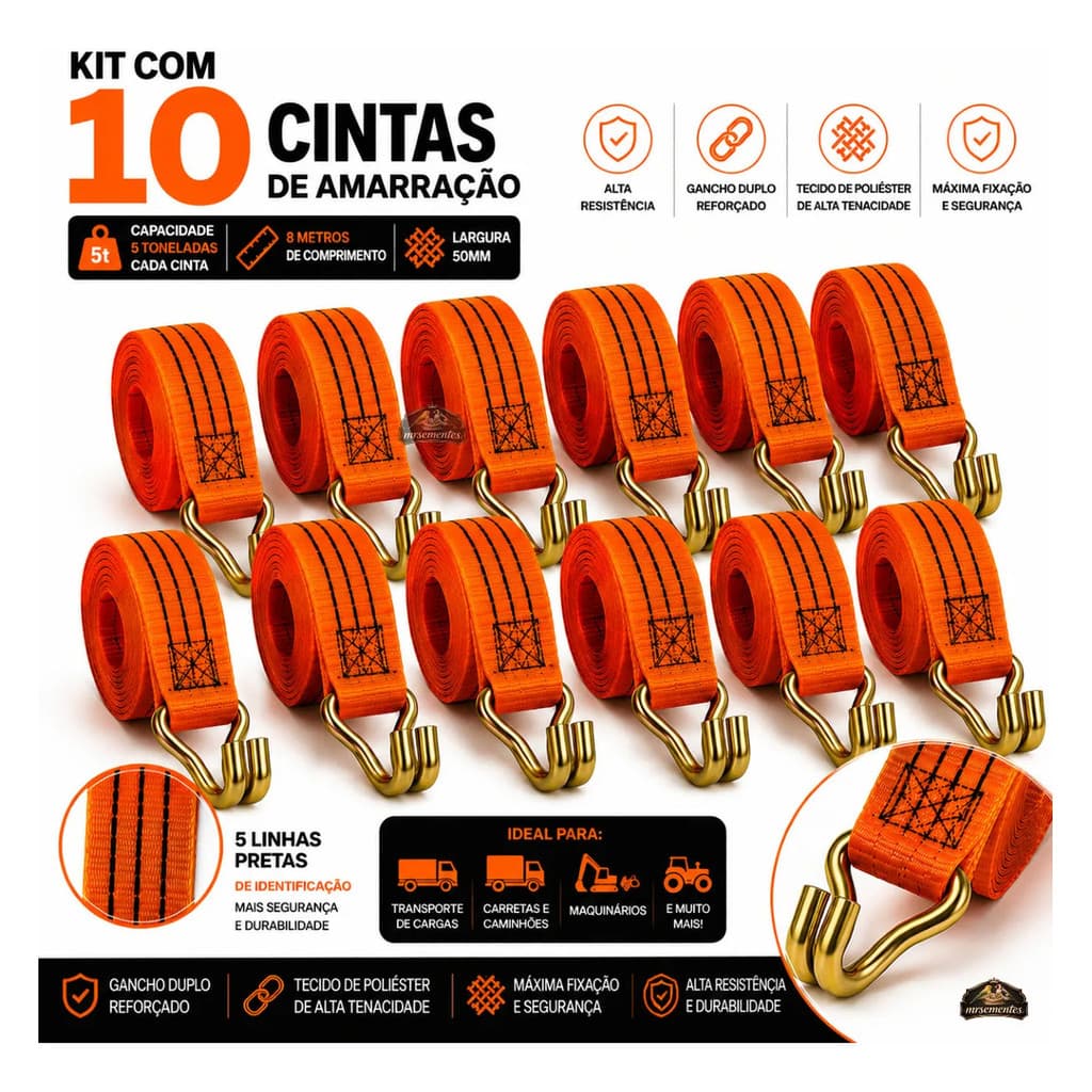 Kit 10 Cinta Amarração Carga 5 Toneladas 8m 50mm Gancho J