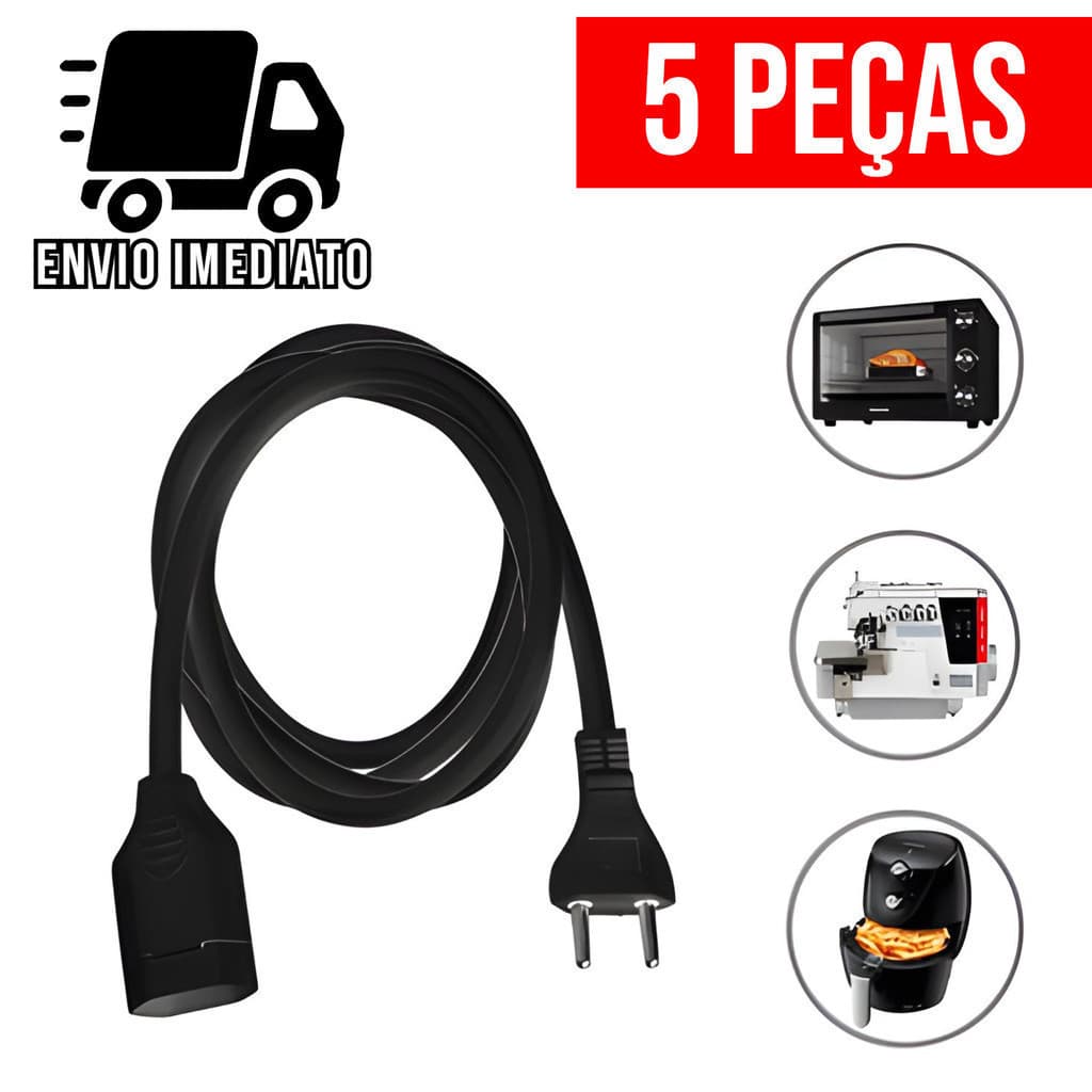 Kit 5 Extensão Elétrica Prolongador Extensor de Cabo 2 Metros Bivolt 110v e 220v
