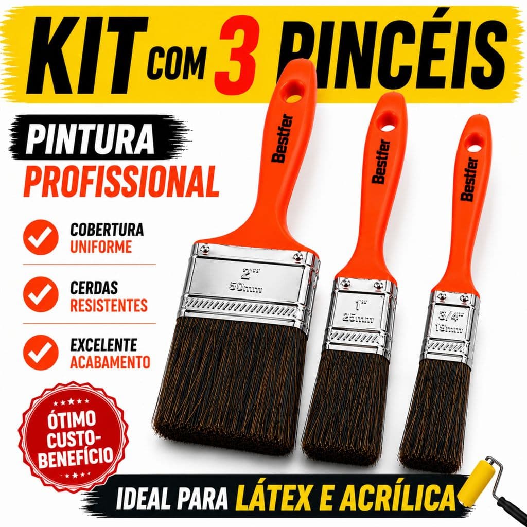 Kit Jogo  3 Pinceis Trinchas Pintura Tinta Latex Acrílica Parede Uso Geral
