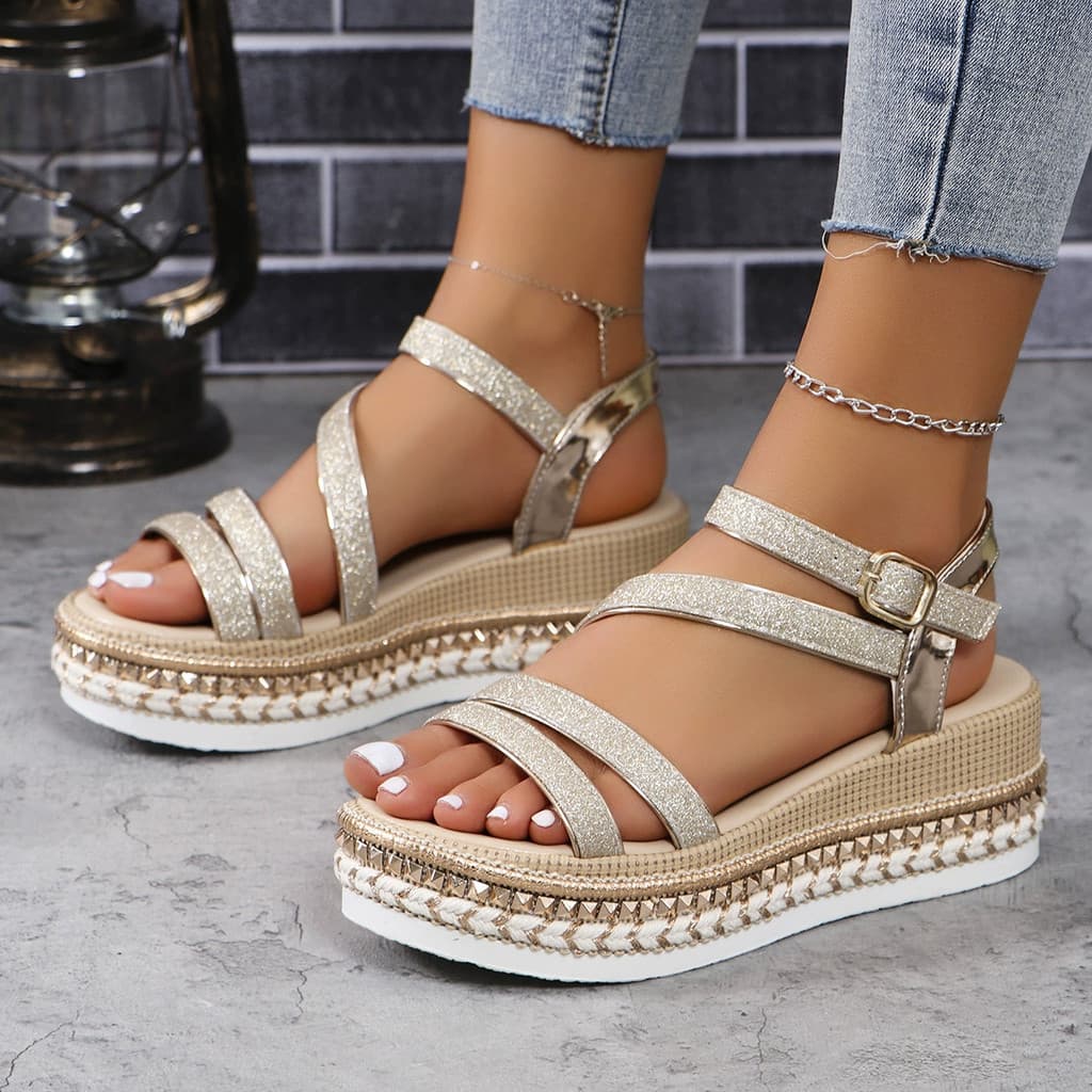 Sandálias de cunha verão novo estilo tamanho grande boca de peixe fivela sandálias de cunha moda Casual sapatos de praia