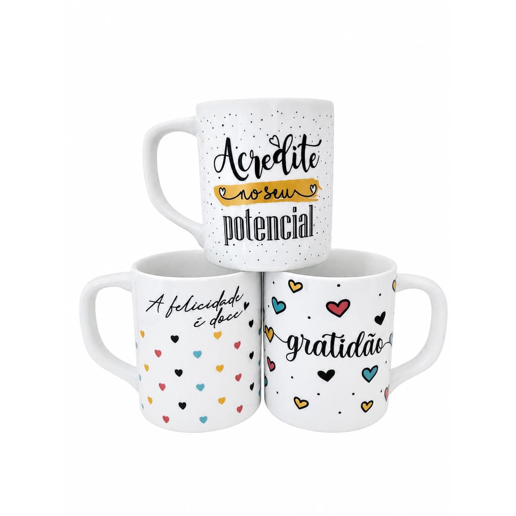 Kit Com Três Canecas de Porcelana Reta Gratidão - 3 Peças 300 Ml