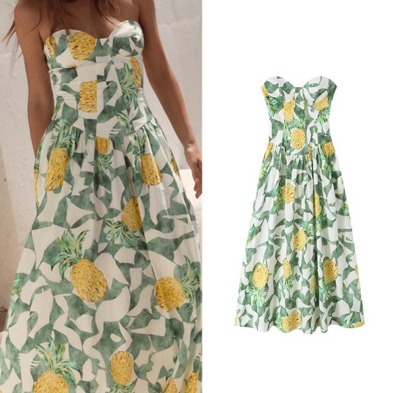 Vestido Skinny com gola em formato de coração e ombros de fora com estampa de frutas 3152391