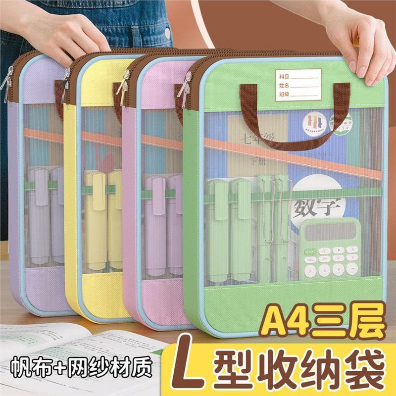Saco de arquivo portátil em forma de L Saco de classificação de assuntos A4 Saco de arquivo transparente estilo zíper Ma